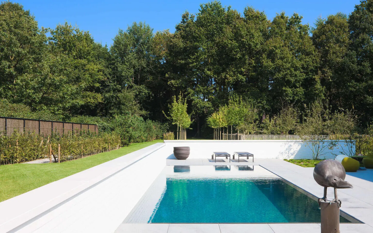 Tijdloze tuinaanleg met pool en sierbeplanting — realisatie aterre